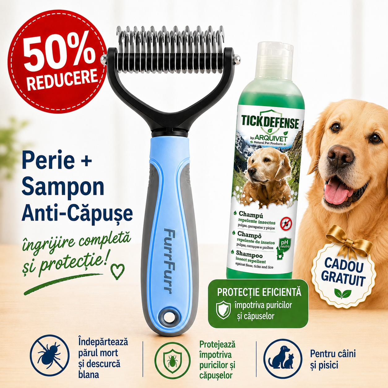 FurFurr™ – Perie Profesională pentru Câini și Pisici + Șampon Natural Anti-Purici și Căpușe