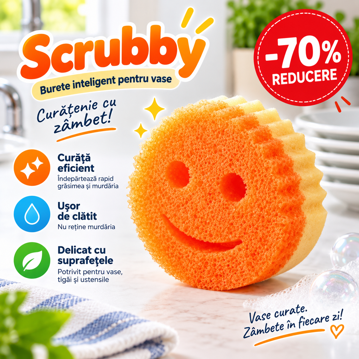 Scrubby™ – Burete Inteligent pentru Vase, Tigăi și Bucătărie