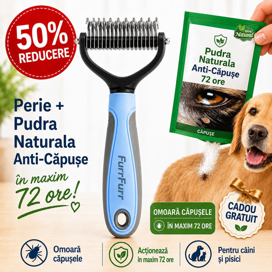 FurFurr™ – Perie Profesională pentru Câini și Pisici + Pudră Natural Anti-Purici și Căpușe