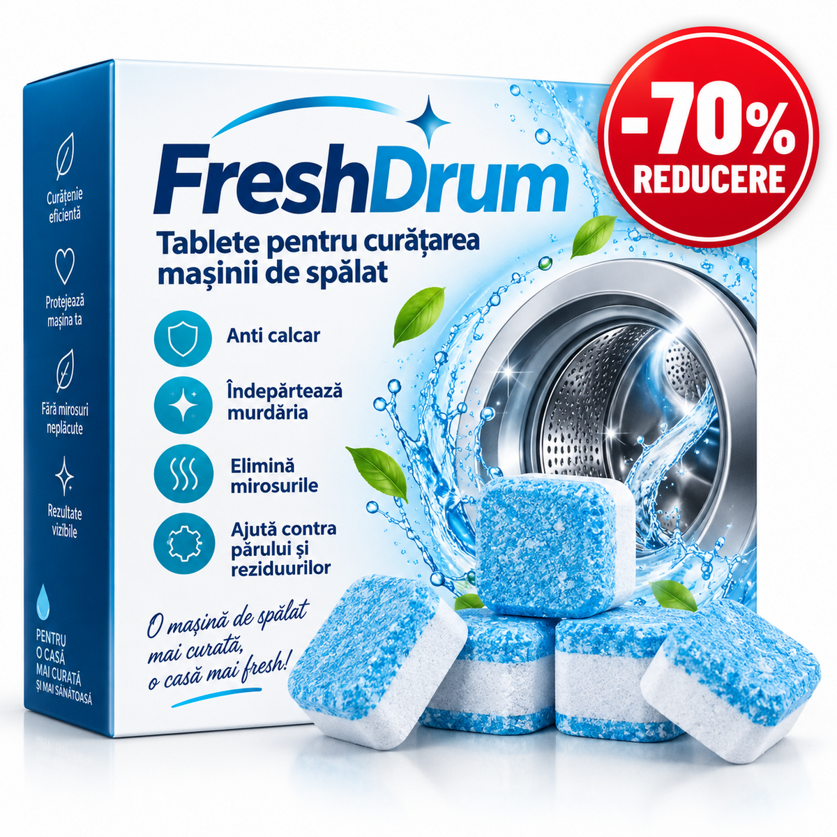 FreshDrum tablete pentru curățarea mașinii de spălat - anti calcar, murdărie și mirosuri